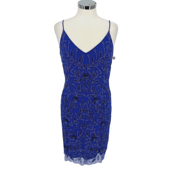 Marina Sequin Beaded Embellished Mesh Cocktail Party Dress Blue Size 4 NWOT - Picture 1 of 12